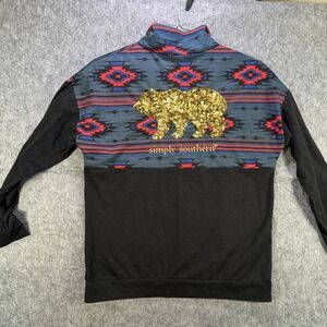 Simply Southern Sweatshirt Womens Large Black Aztec Quarter Zip Sequin Bear